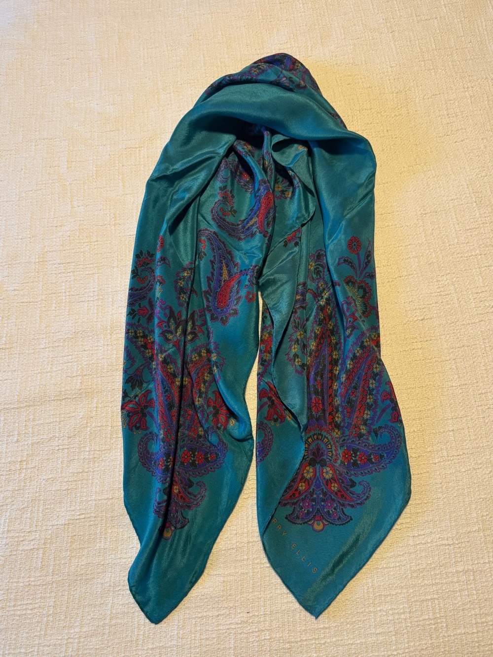 Vintage Perry Ellis Teal Paisley Silk Scarf